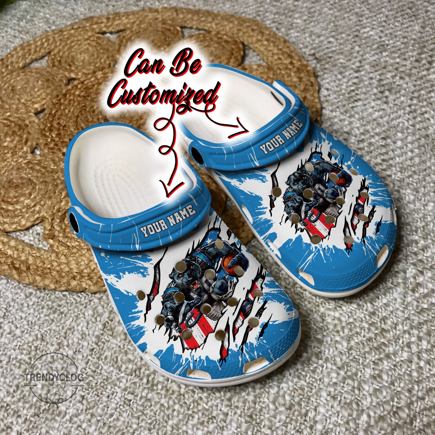 Football Crocss – Personalized Carolina Panthers Mascot Ripped Flag Clog Shoes
