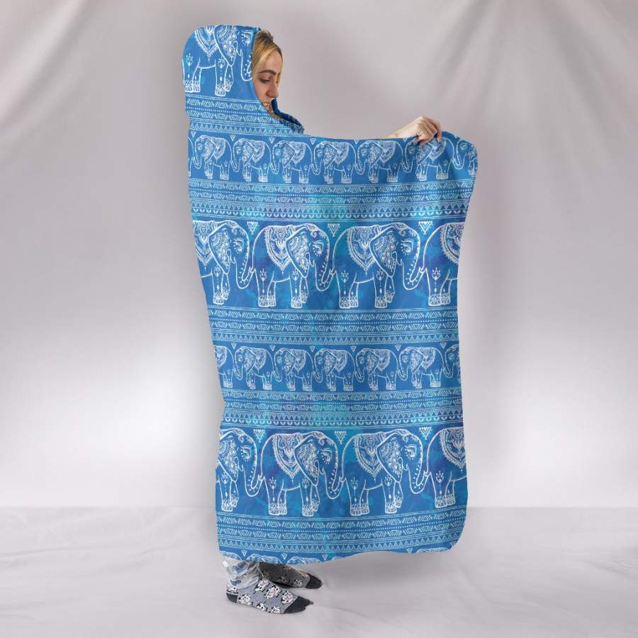Blue Elephant Mandala Print Hooded Blanket