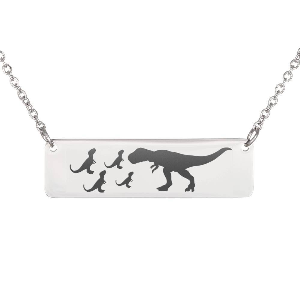 T-Rex Pendant – Dinosaur Necklace – Mom As Animal Necklace – Horizontal Bar Pendant – Custom Engraved Present (4 Hatchlings)