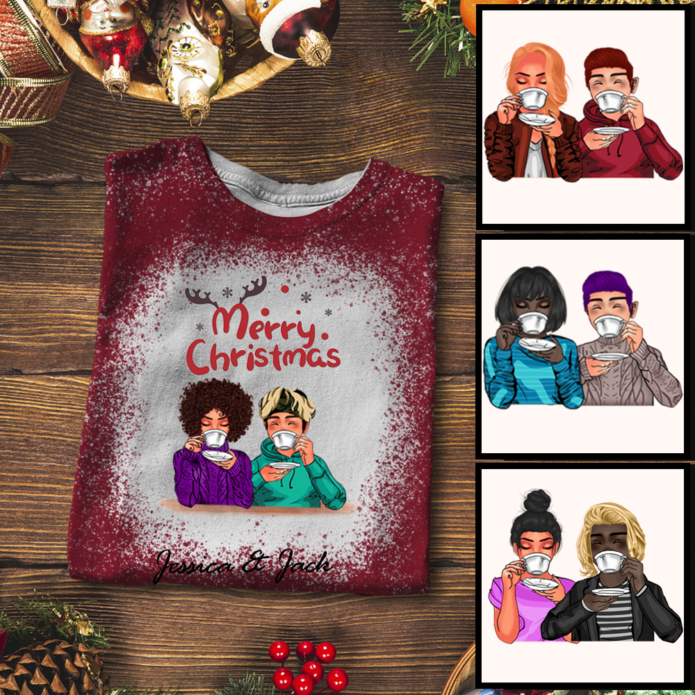 Drinking Coffee Christmas Anniversary Gift Couple Personalized Bleached Shirt Sweatshirt Hoodie Ap352