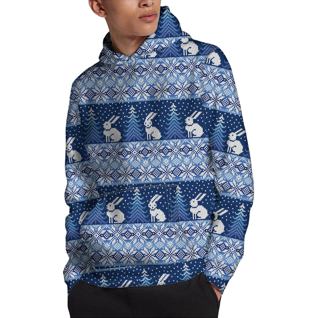 Snow Rabbit Knitted Pattern Print Pullover Hoodie