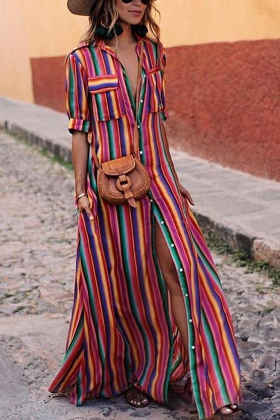 2022 Runway Dress Summer Women Dress Long Maxi Dresses Bohemian BOHO Short Sleeve Beach Rainbow Striped Shirt Dress alx