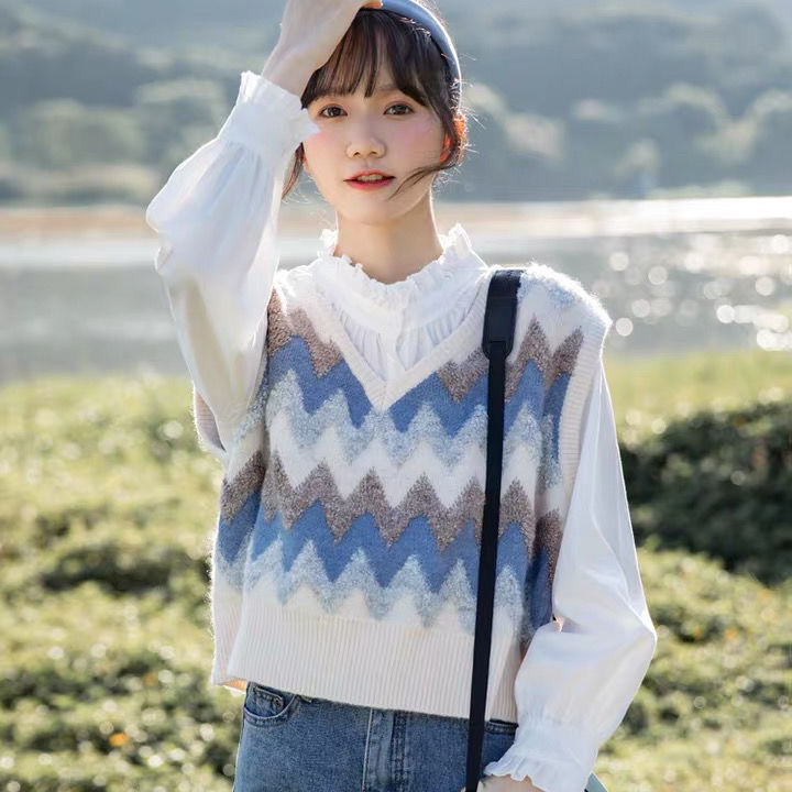 Sweater Vest Women Kawaii Spring Autumn Patchwork Casual Simple Sleeveless Sweaters Cropped All-match Korean Style Female Cozy alx