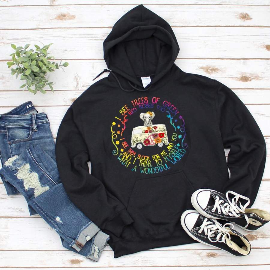 Hippie elephant car i see tree of green red roses too what a wonderful world black hoodie for men and women S-5XL