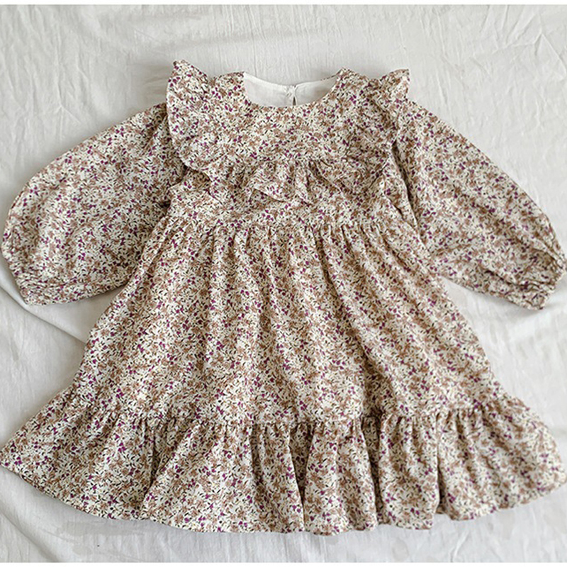 Autumn New Children Clothing Sweet Floral Print Korean Style Long-Sleeved Dress Baby Fashion Lace Princess Dress alx