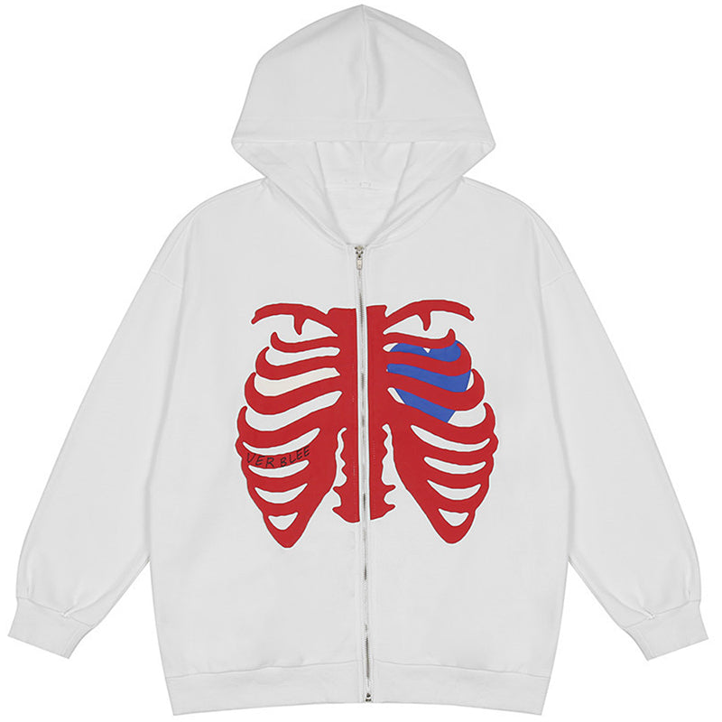 Cool Zip Up Hoodie Skeleton Heart Print