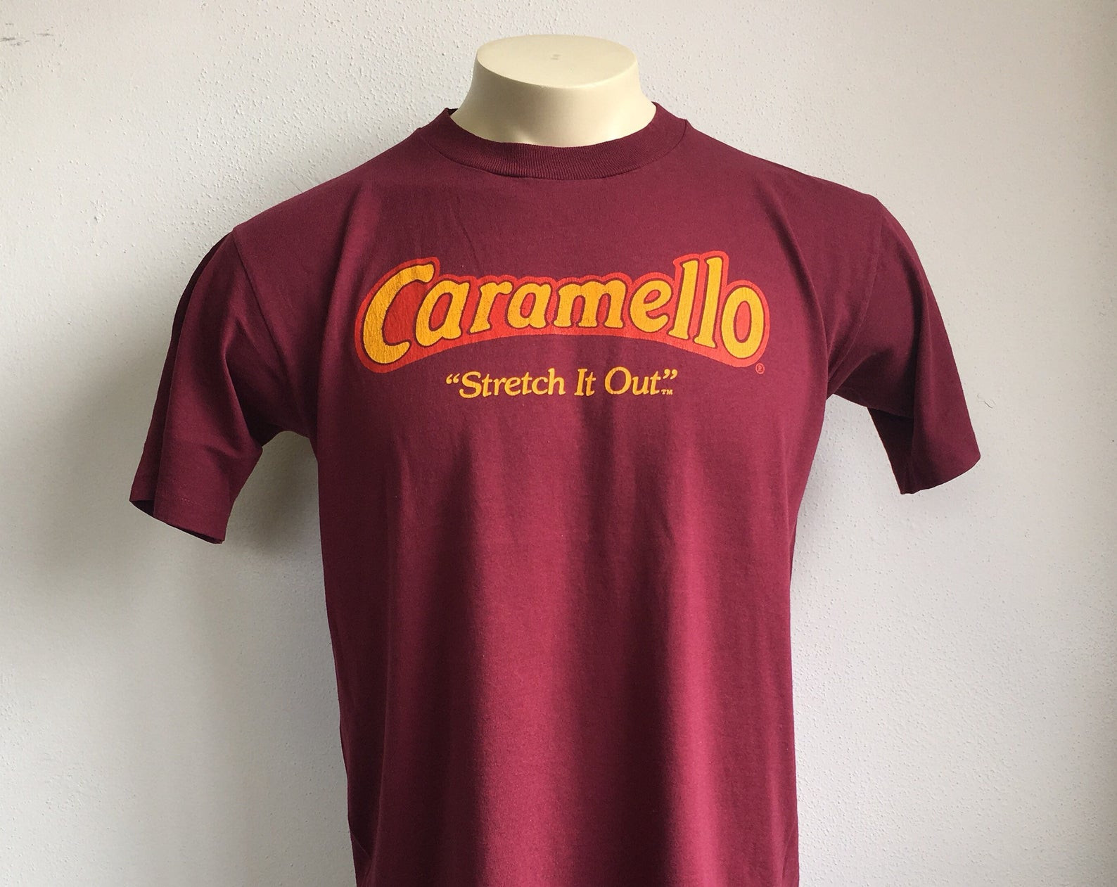 Caramello Vintage Tshirt 80S Candy Iconic Chocolate Bar Stretch It Out Carmel Cadbury Shirt Single Stitch Maroon Ad Radio Wdbr Usa Lrg