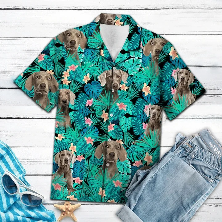 Weimaraner Tropical Flower Pattern Turquoise Theme Hawaii Shirt Ha19412