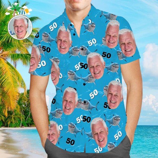 Custom Face Personalized Photo Hawaiian Shirt All Over Print Men S Shirt Shark 7984