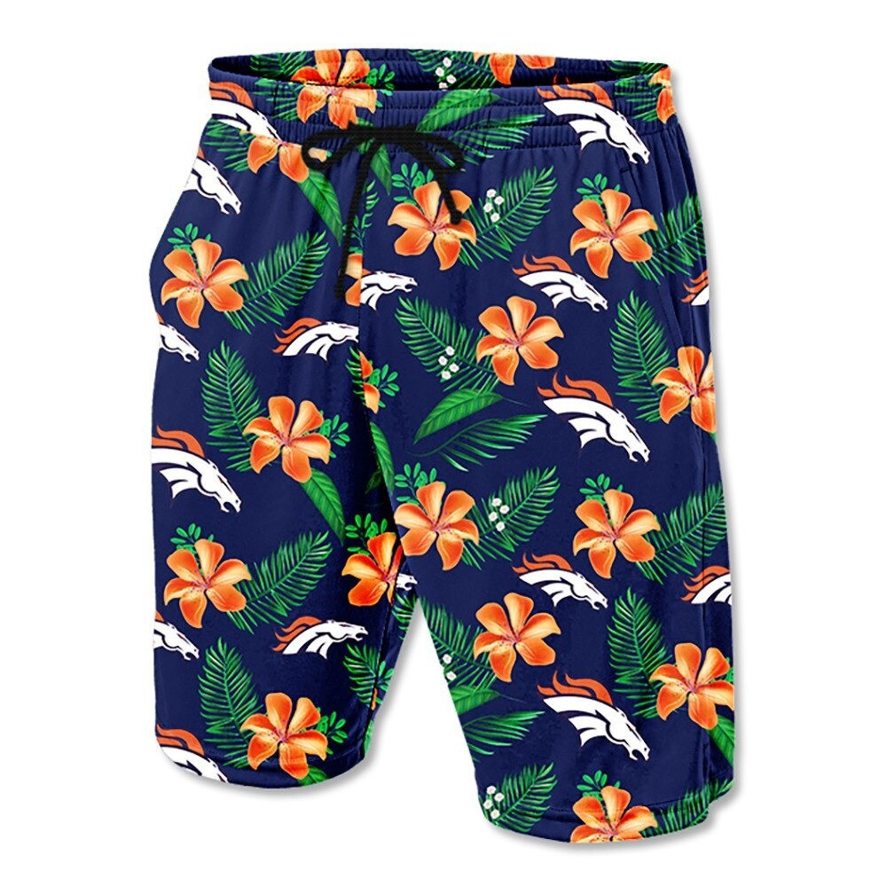 Denver Broncos Leaf Floral Pattern Hawaii Summer Shorts Men In Blue Ha92853