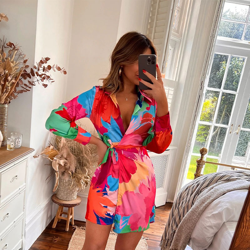 Women Vitange Pattern Print Boho Shirt Dress Female Fashion Lapel Long Sleeve Lace Up Robe 2022 Summer High Slit Loose Dresses alx