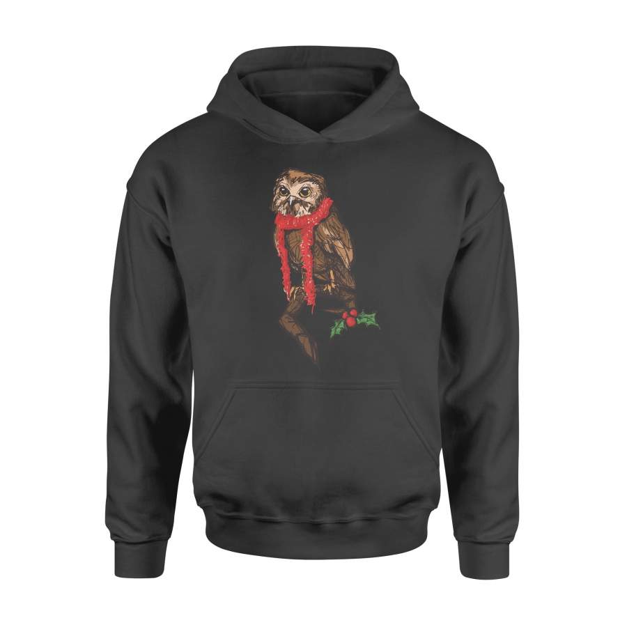 Christmas Gift Idea Owls Wearing Red Scarf Perched On Holly Tree Branches – Standard Hoodie
