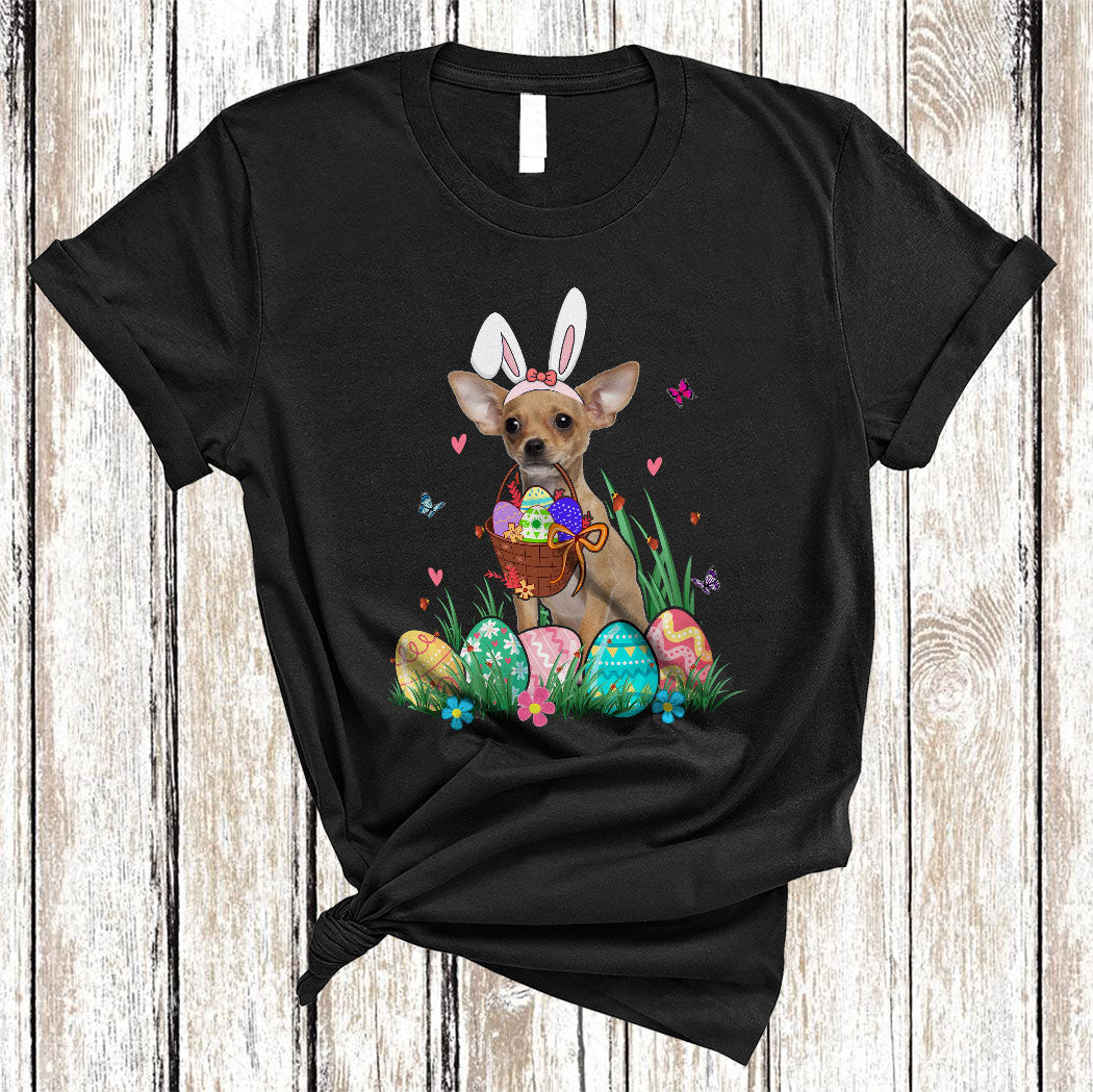 Bunny Chihuahua With Easter Egg Basket Funny Easter Day Flower Egg Hunt Dog Lover Gifts T-Shirt