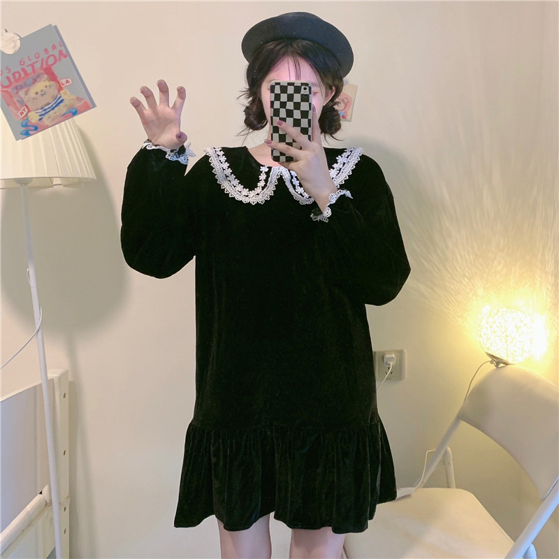 autumn period and the new French gentle wind summer dress female doll a word the little black long sleeve alx