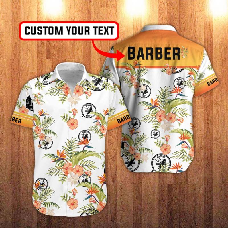 Barber Floral Hawaiian Shirt in White And Hawaiian Hibiscus Flower Personalization 3D Full Print Button Shirt