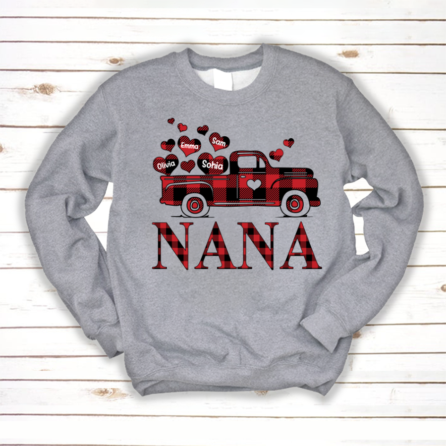 Valentine’S Day Shirt, Nana Truck Red Buffalo Plaid Heart Custom Names Sweatshirt