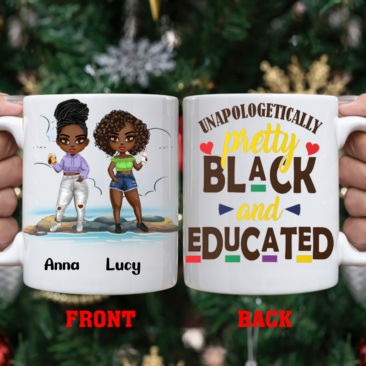 Personalized Unapologetically Pretty Black Girl Standing Chibi Girls Mug, Custom Besties, Friends, Sisters Mug