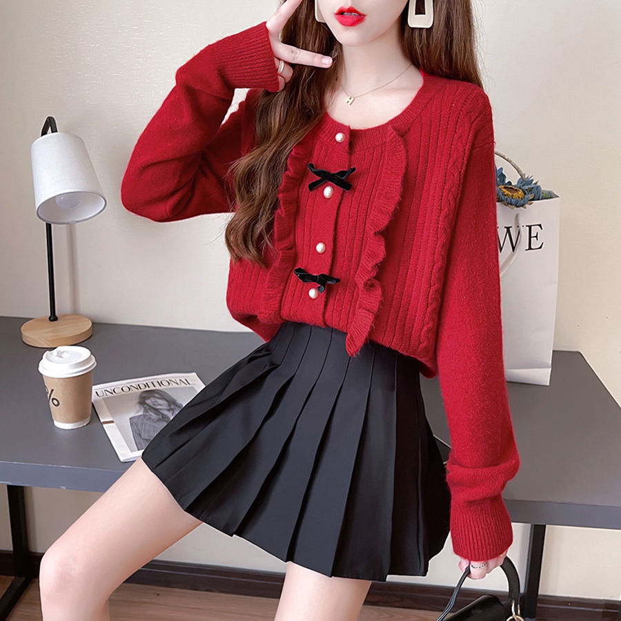 Women 2022 Autumn Winter New O-neck Button Cardigan Knitted Sweater Coat + High-waisted Pleated Mini Skirt 2pcs Set Outfits A103 alx