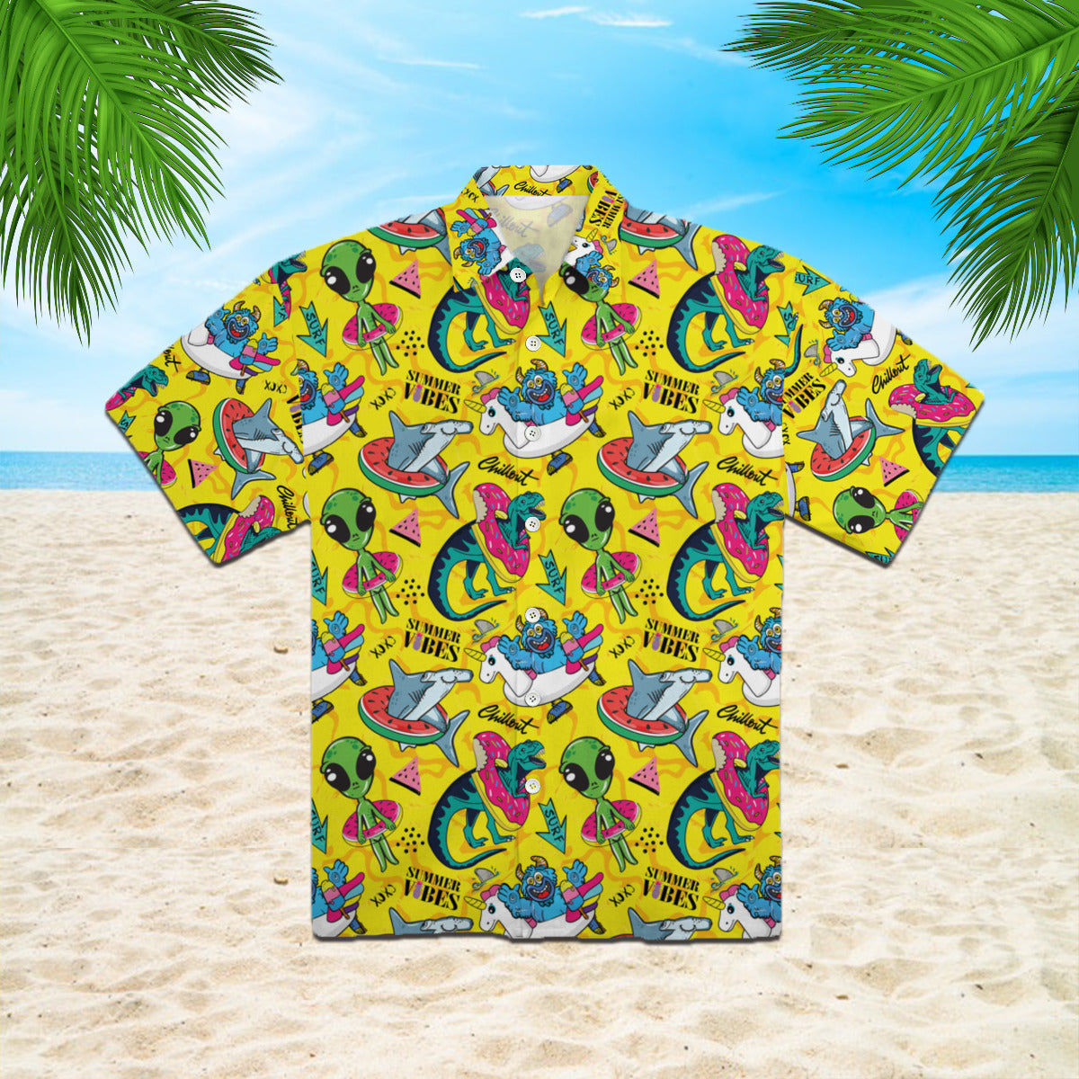 Yellow T-Rex With Alien Summer Vibes Hawaiian Shirt | For Men & Women | Hw935