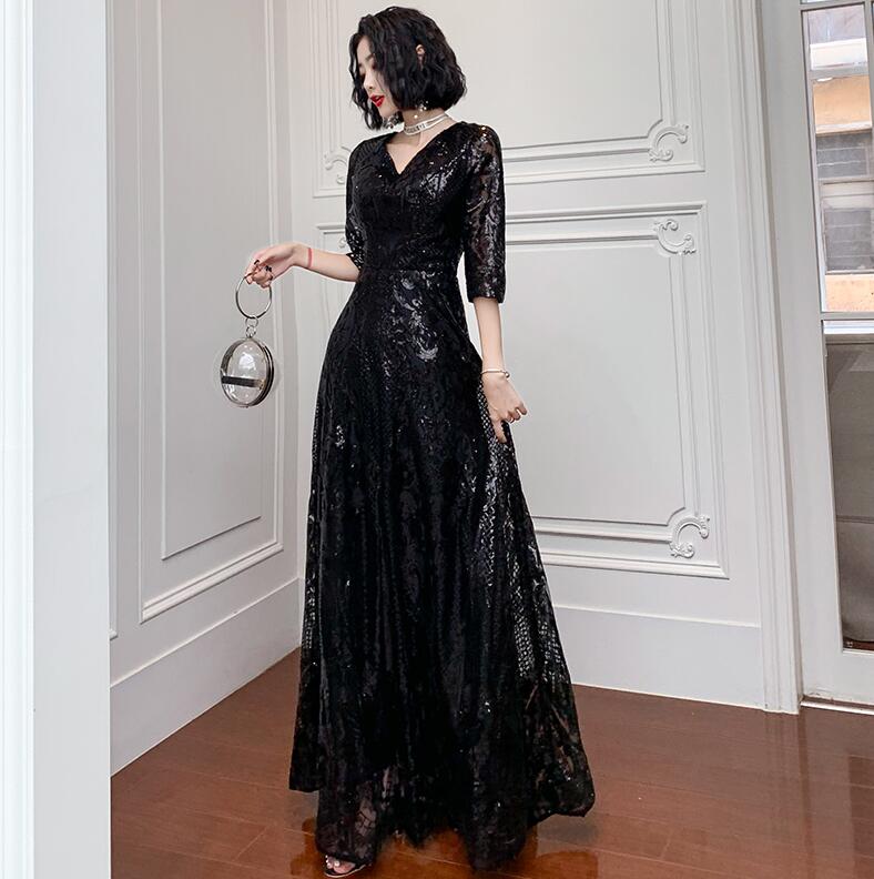 wei yin AE0196 Black Evening Dresses Long 2020 Elegant V-neck A-line Floor-Length Sequined Formal Evening Gown alx