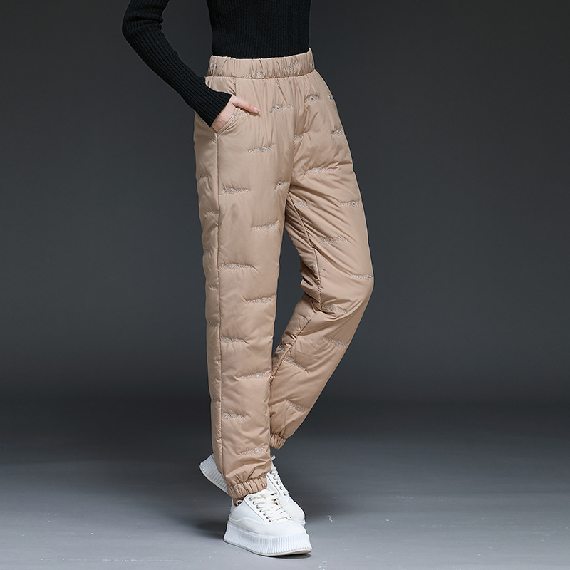 Women Winter Warm Down Cotton Pants Lightweight Padded Quilted Trousers Casual Elastic Waist Trousers Straight Leg Pants alx