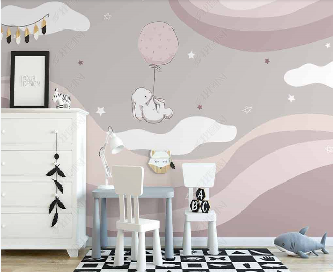 3D Northern Europe Hand-Painted Clouds Balloon Rabbit Wall Mural Wallpaper Sww2564