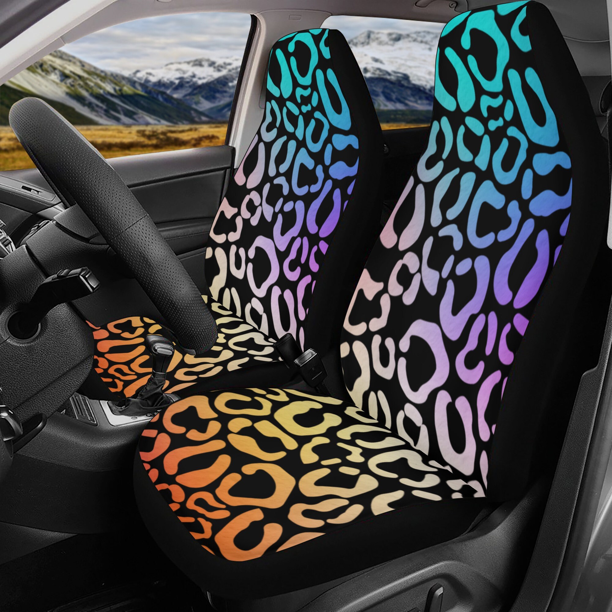Car Seat Cover Full Set, Animal Print Seat Covers For Car For Women, Neon Leopard Car Seat Covers For Vehicle, Black Car Seat Cover Set Animood Collections