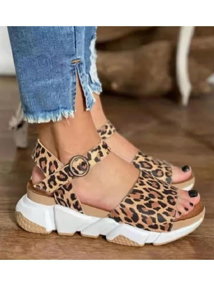 Women’S Leopard Print One Button Simple Sandals Shoes