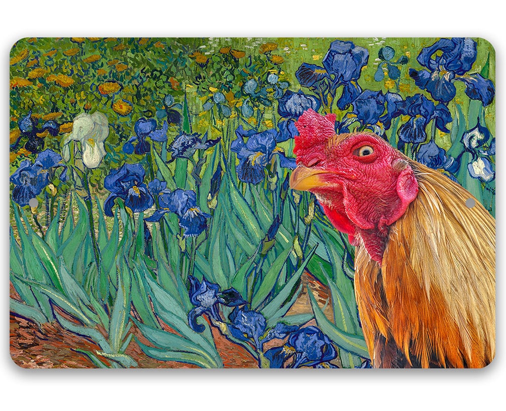 Tin – Irises Painting – Interrupted by Rooster – Metal Sign -8″ x 12″ or 12″ x 18″ Use Indoor/Outdoor-Funny and Artsy Chicken Coop Decor