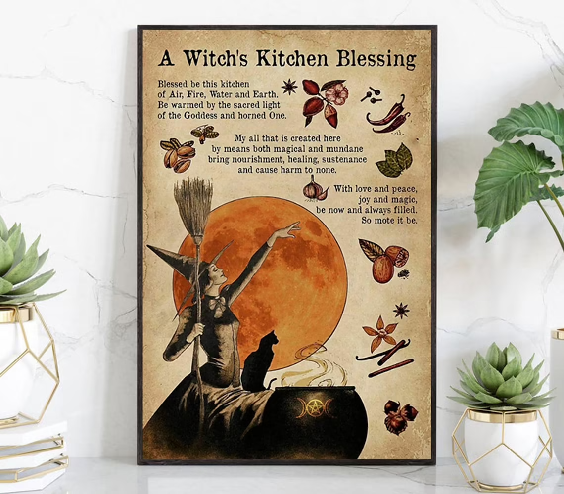 A Witch Is Kitchen Blessing Vintage Halloween Canvas And Poster, The Witches Wall Print, Witchcraft Art, Witch And Black Cat