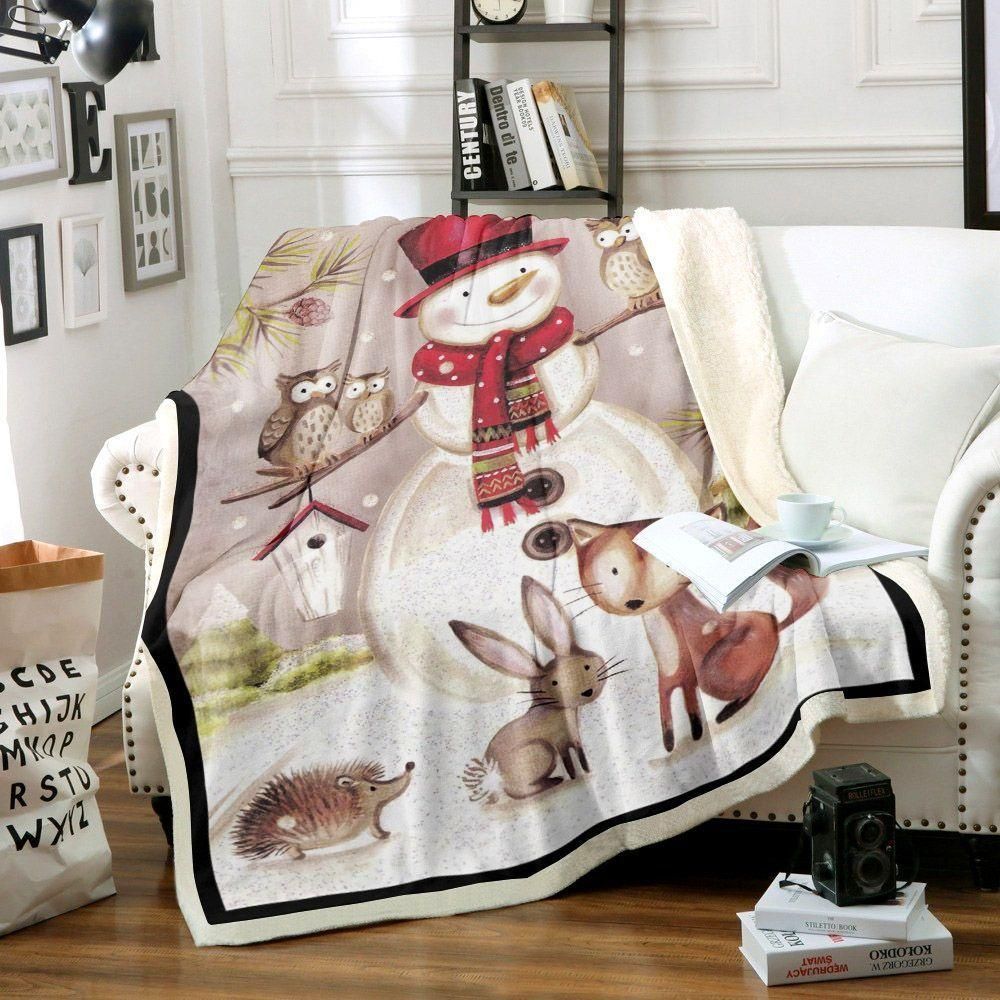 Snowman And Animals Printed   Fleece Sherpa Blanket