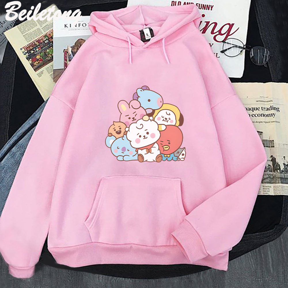 Bt21 Cartoon Kawaii Hoddie Woman Sweatshirts Long Sleeve Fashion Cute Printing Winter Warm Girls Clothing Harajuku Aesthetic alx