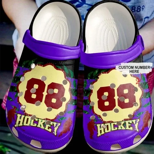 Just A Hockey Lover Purple Personalize Clog Custom Crocss Clog Number On Sandal Fashion Style Comfortable For Women Men Kid