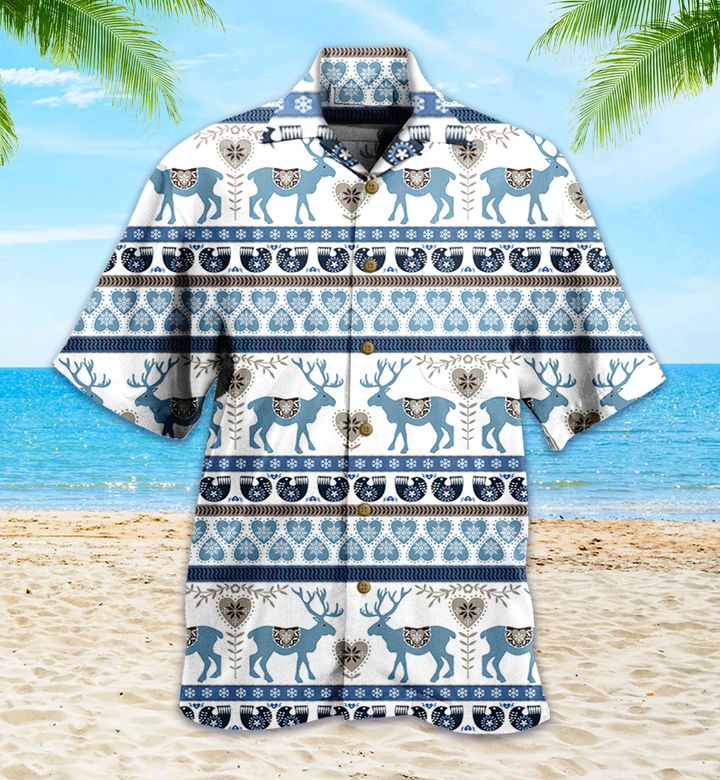 Reindeer Blue Hawaiian Shirt 3D