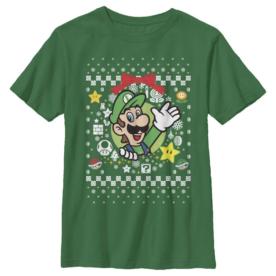 Nintendo Boy’s Ugly Christmas Luigi Wreath  T Shirt