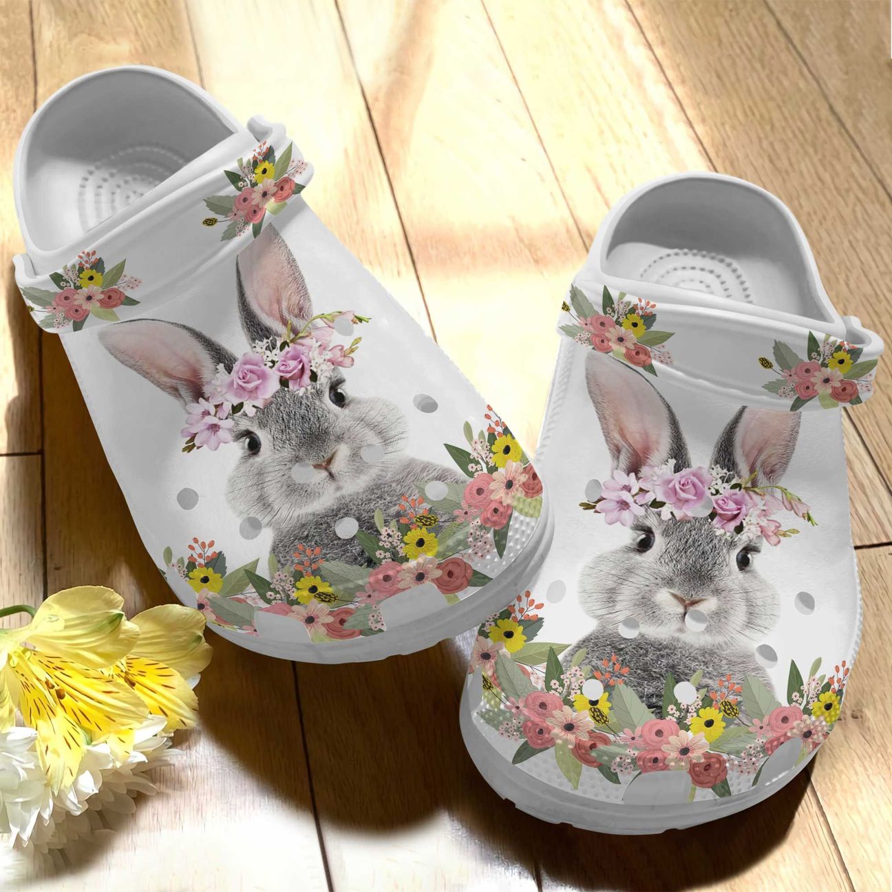 Rabbit Personalized Clog, Custom Name, Text Bunny With Flower Crown, Fashion Style For Women, Men, Kid, Print 3D