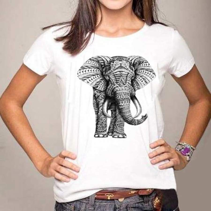 Summer Style Elephant Printed White Women’s Fashion Short Sleeve Lady Harajuku Style Hipster Tee Top T-Shirt