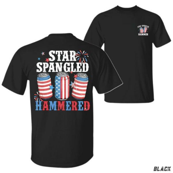 Star Spangled Hammered T-Shirt, Funny Independence Day Party Tee, Funny Patriotic 4th of July Shirt, Patriotic Beer Lover Shirt, Fireworks & American Flag Graphic, Unisex Cotton Apparel for Men an Shortsleeve, Trending Shirt