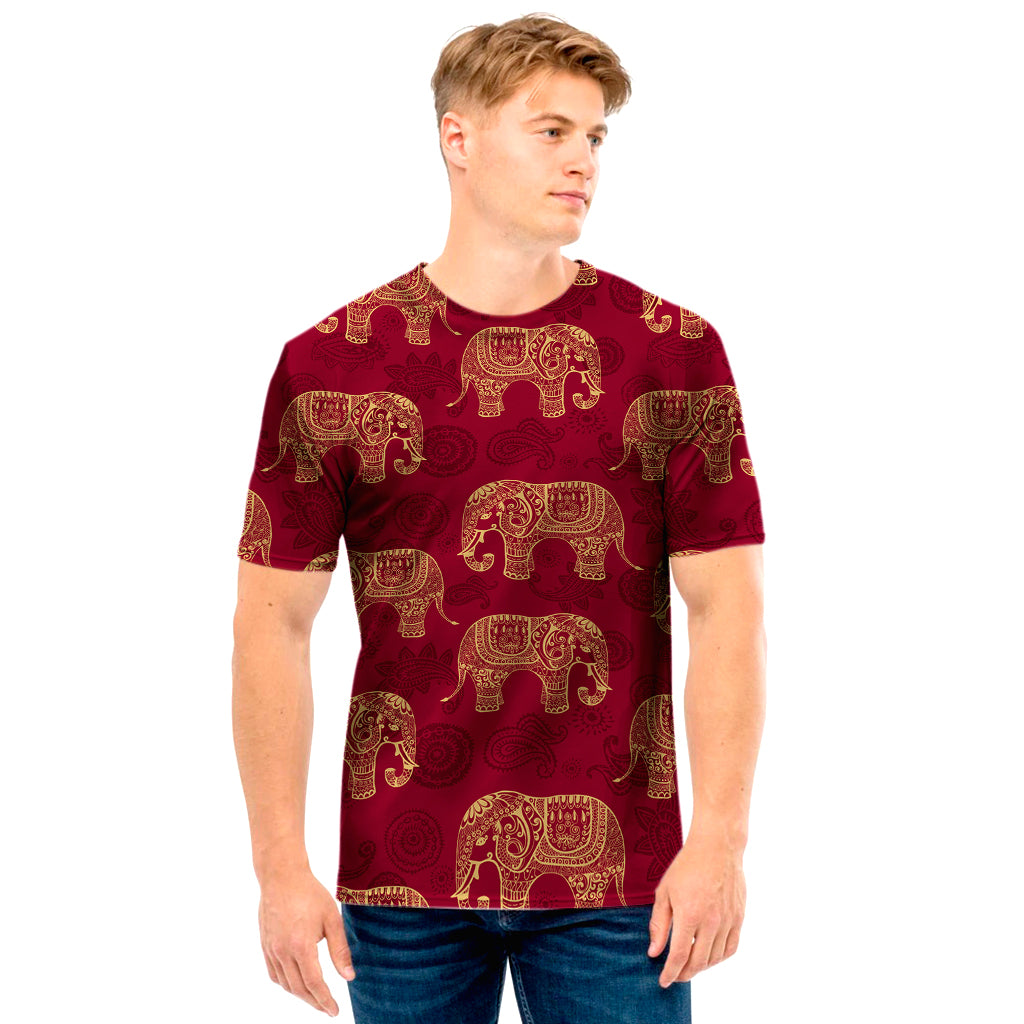 Gold And Red Boho Elephant Print Men’S T-Shirt