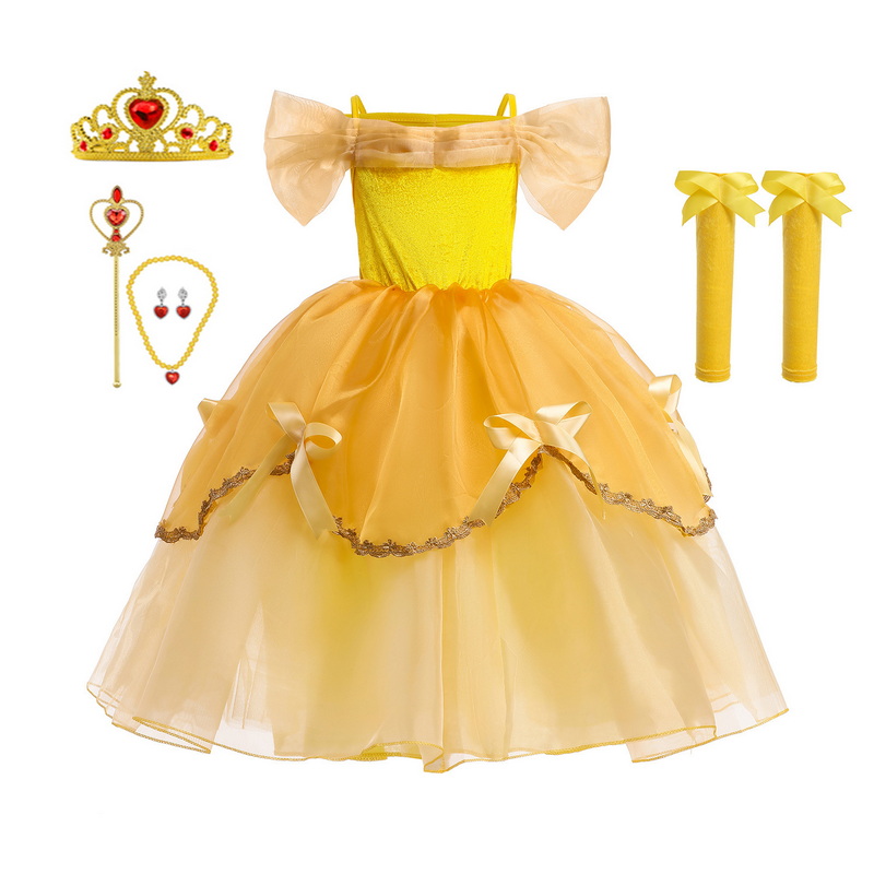 Yellowe Princess Belle Dress For Girls Halloween Cosplay Sleeping Beauty Kids Children Christmas Costume Party Birthday Gift alx