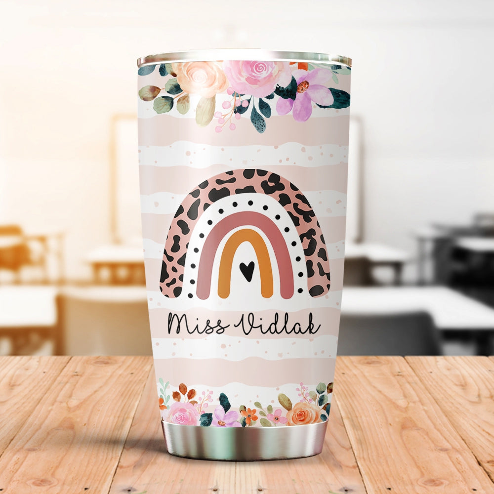 Personalized Tumbler For Teacher Leopard Boho Rainbow Beautiful Flower 20Oz Travel Cup Custom Name Back To School Gifts