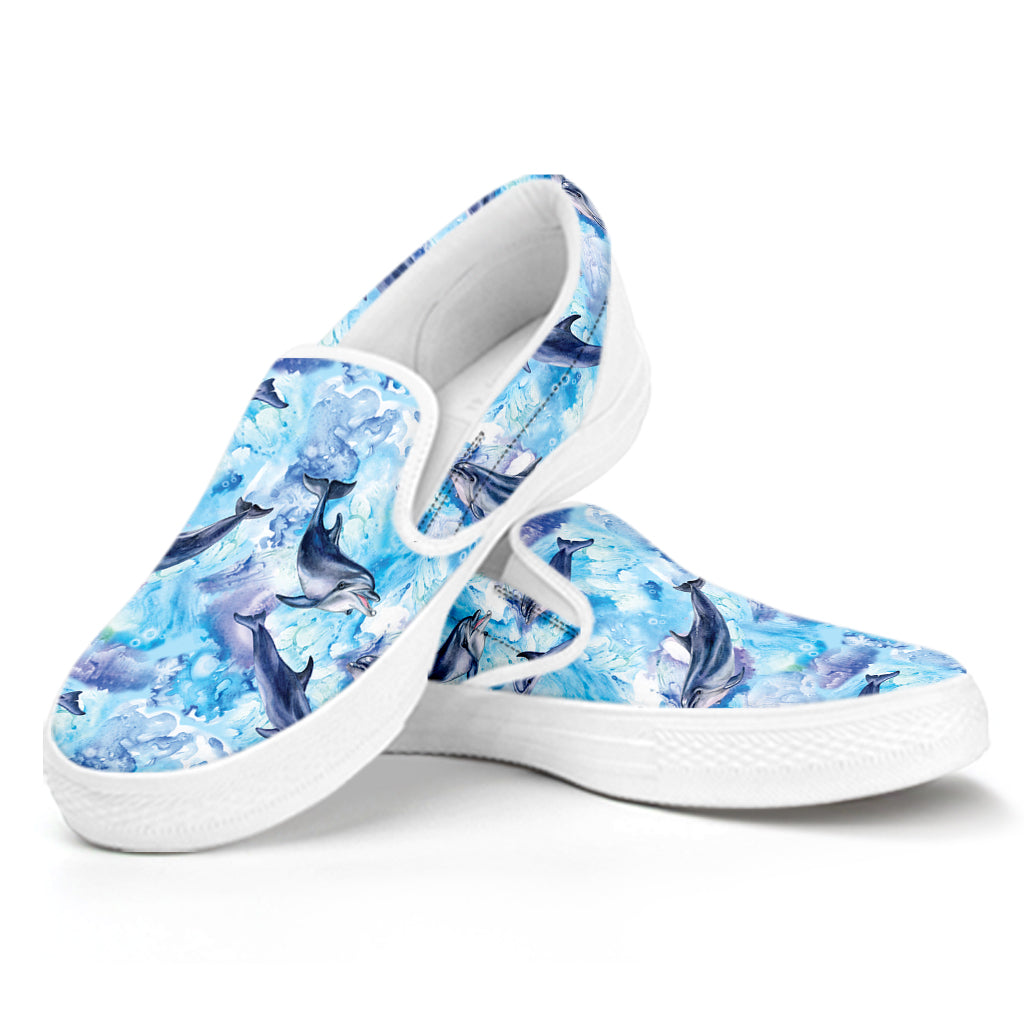 Watercolor Dolphin In The Sea Print White Slip On Shoes