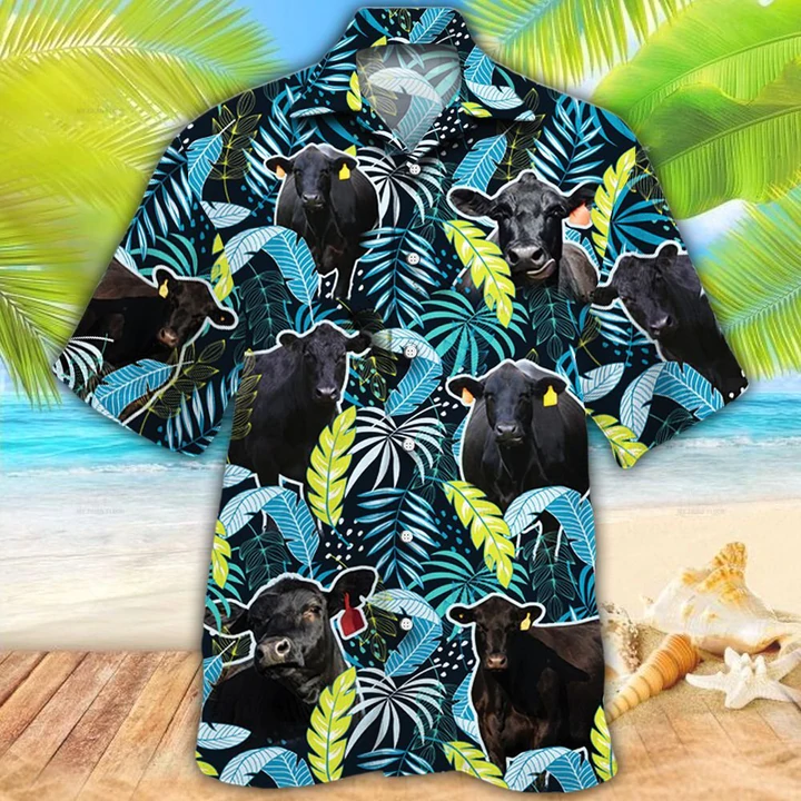 Black Angus Cattle Lovers Jungle Leaves Hawaii Hawaii Shirt Women Ha3033