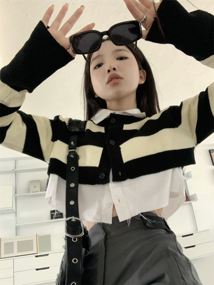 2022 Autumn Two Pieces Set Vintage Striped Thin Cardigan Sweater + Turn-down Collar Shirt Korean Fashion Y2k Sexy Girls Outfits alx