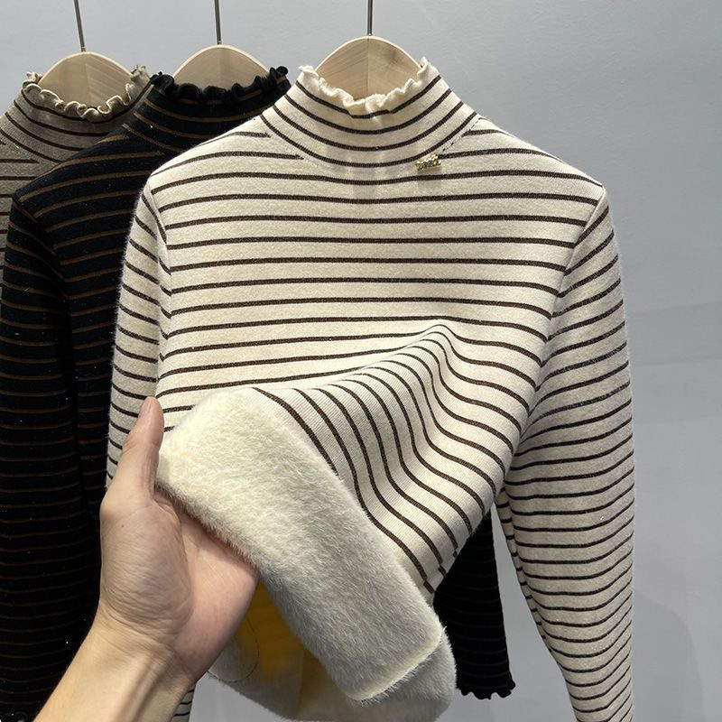 Winter Thicken Striped Plus Velvet Turtleneck Sweater Women’s Slim Warm Soft Knit Pullover Fleece Lined Bottoming Jumper Tops alx