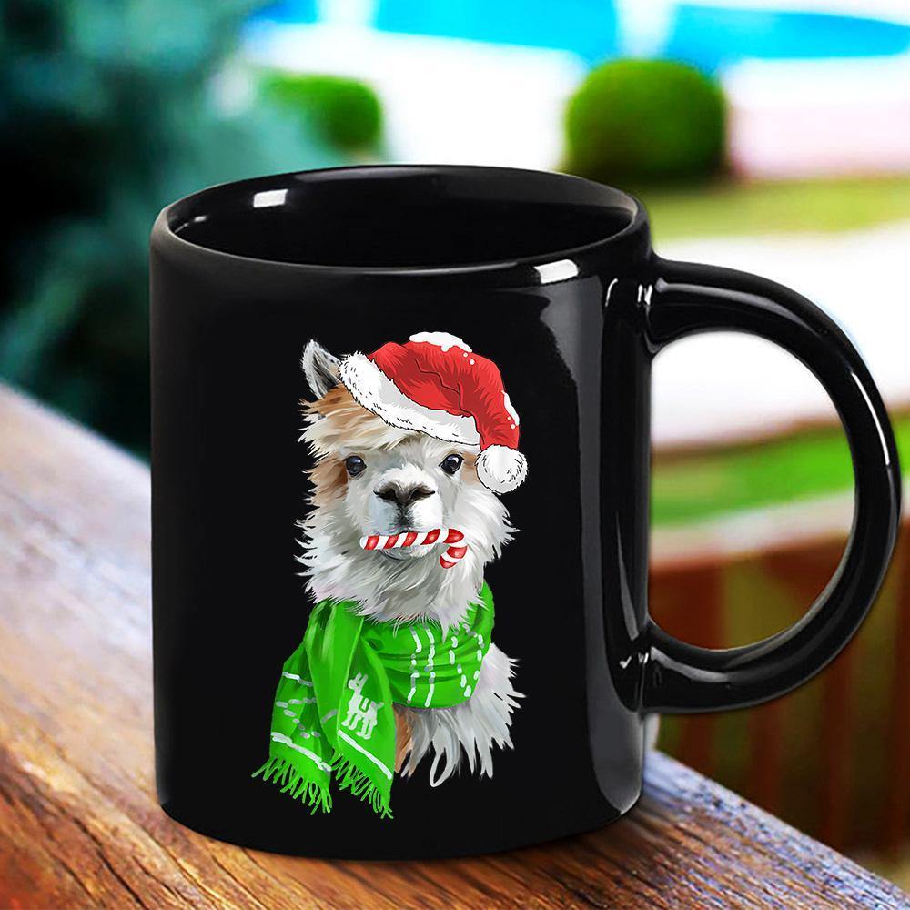 Christmas Llama Drama Gift Candy Cane Cute Santa Hat Llama Light Green Scarves Black Mug