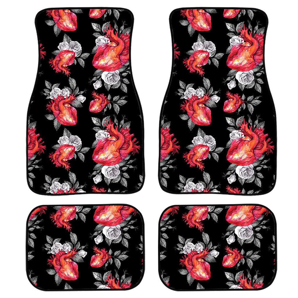 Rose And Heart Pattern Print Front And Back Car Floor Mats, Front Car Mat