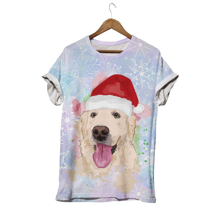 Puppy Smile Dog In Santa Claus Hat With Snowflake Winter Striped Golden Dog T-shirt