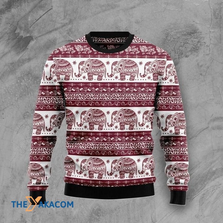 Red Mandala Elephant In Line Gift For Christmas Ugly Christmas Sweater