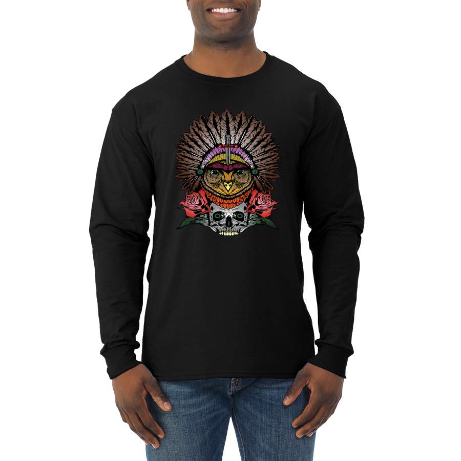 Funny Bird Chief Skull and Roses Vintage Pop Culture Mens Long Sleeve Shirt